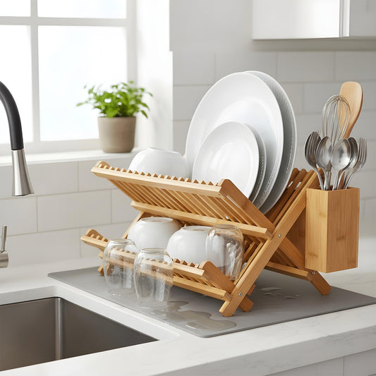 Scurgator Vase Pliabil Elindor® Suport Vesela Chiuveta Incorporabil, Uscator Ideal pentru Farfurii, Capace Oale, Tigai, Pahare, Tacamuri, cu Scurgere Automata si Ventilatie Completa, Organizator Bucatarie Multifunctional, Bambus, 41 x 25 x 24.5 cm, Bej