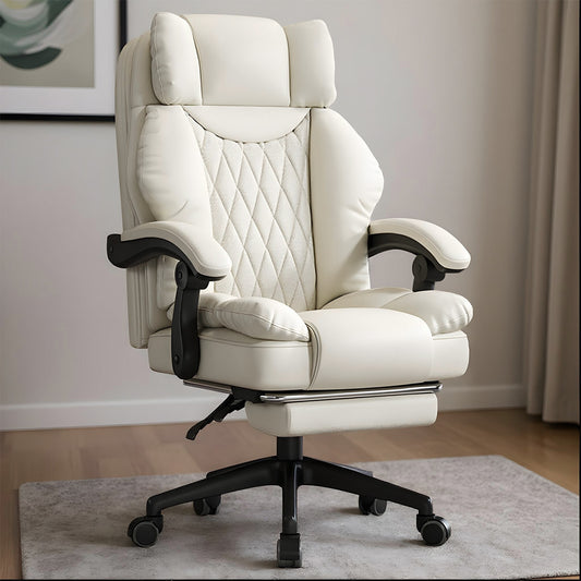 Scaun de Birou Elindor® Ergonomic, Design Contemporan, Scaun cu Spatar si Manere, din Piele PU cu Suport pentru Picioare si Roti, Latime Sezut 58 cm, Inaltime intre 110-118 cm, Alb