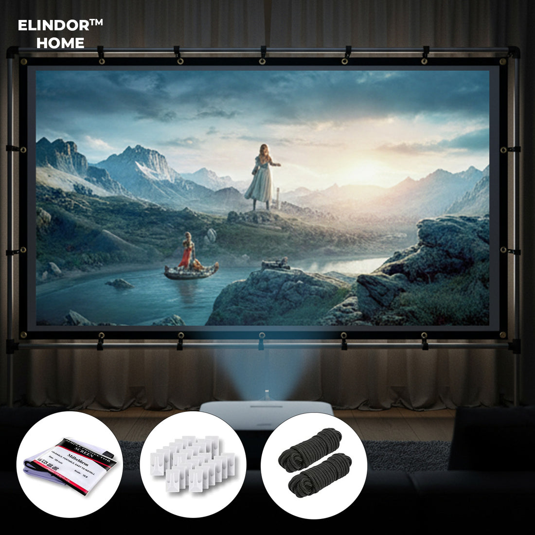 Ecran Proiector Elindor® Portabil, 120 Inch, Panza Proiectie 4K, Pliabil, Montaj Rapid Interior si Exterior, pe Perete, Ideal pentru Videoproiector, Cinema Acasa, Prezentari si Evenimente, Negru