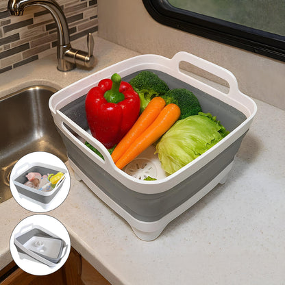 Lighean Pliabil Elindor® cu Dop de Scurgere, din Plastic Dur, Mare, Cos Rufe pentru Baie, Cadita pentru Animale de Companie, Ideal pentru Camping / Rulota, Baza Antialunecare, 30.5×31.5×20 cm, Gri / Alb