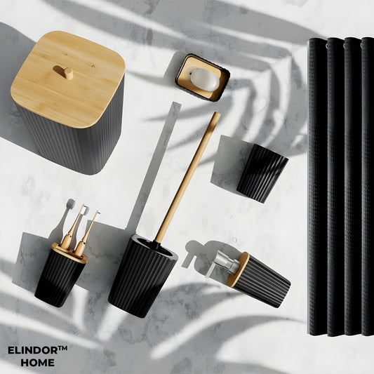 Set 20 Accesorii Baie Elindor® Include Cos de Gunoi, Set Perie WC, Suport Periuta Dinti, Pahar, Dozator Sapun, Sapuniera, Perdea Dus, 12 Carlige, Accesorii pentru Uz Casnic, Comercial, Rulote, Negru