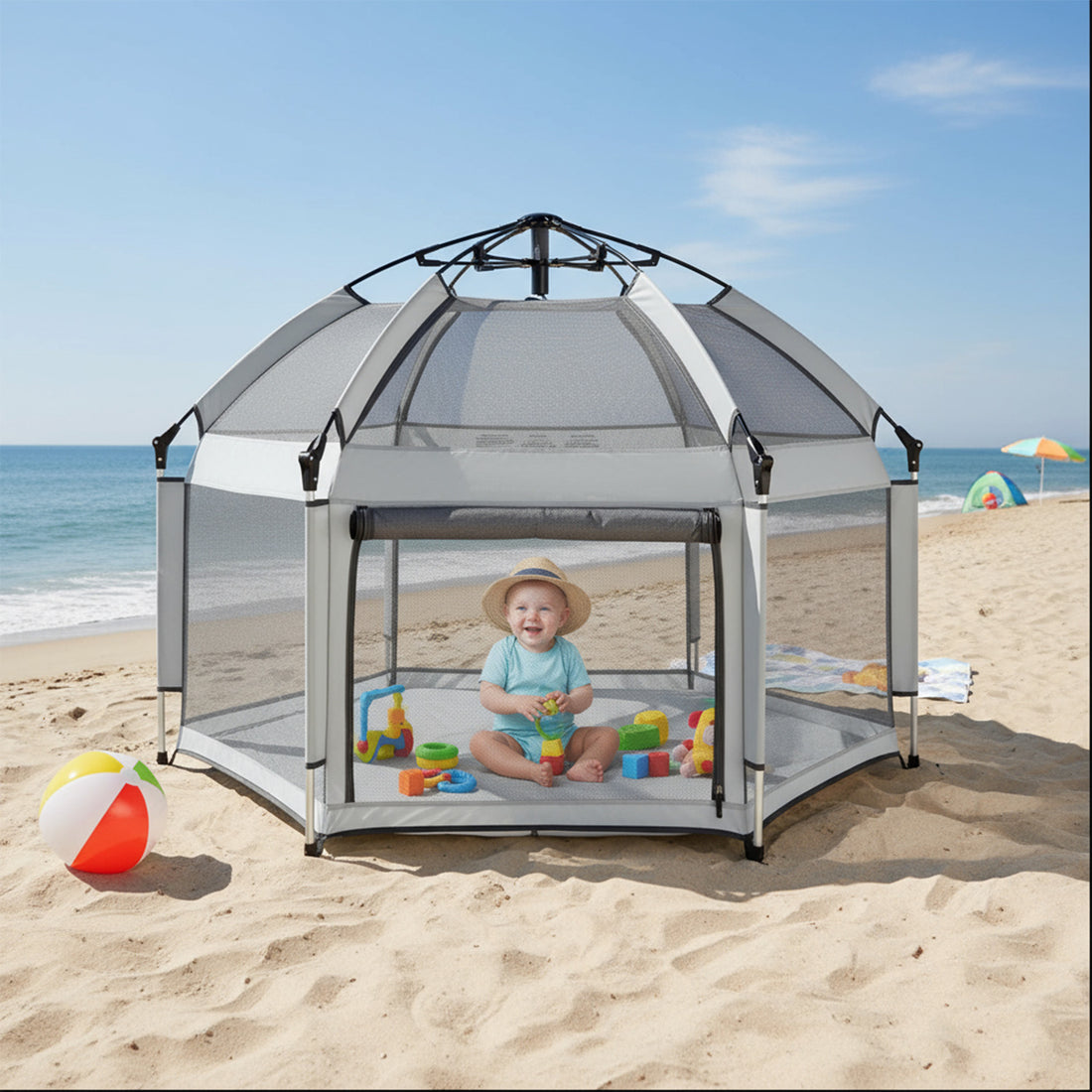 Tarc de Joaca pentru Bebelusi si Copii Elindor® Tip Cort, Spatiul Sigur de Joaca, Plasa de Protectie UV, Include Usa cu Fermoar, Materiale Eco-Friendly și Non-Toxice, Varsta 1-5 ani, 150 x 150 x 122 cm, Gri