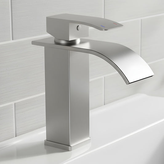 Baterie Chiuveta Argintie Elindor® Inalta, Tip Cascada, Robinet de Apa Modern, Monocomanda pentru Bucatarie si Baie, Otel Inoxidabil, Montare pe Blat, Jet Larg, Incastrata, Multifunctionala Design Elegant pentru Lavoar sau Vas, 14 cm, Finisaj Cromat