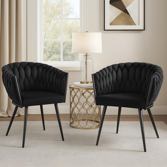 Set 2 Scaune Elindor® Ergonomice, Tip Scoica, Design Contemporan, Scaun cu Spatar si cu Manere, din Catifea cu Picioare Metalice Aurii, Potrivite pentru Living, Bucatarie, Birou, Dormitor, Latime Sezut 44 cm, 71 x 50 x 45 cm, Negru