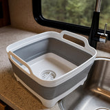 Lighean Pliabil Elindor® cu Dop de Scurgere, din Plastic Dur, Mare, Cos Rufe pentru Baie, Cadita pentru Animale de Companie, Ideal pentru Camping / Rulota, Baza Antialunecare, 30.5×31.5×20 cm, Gri / Alb