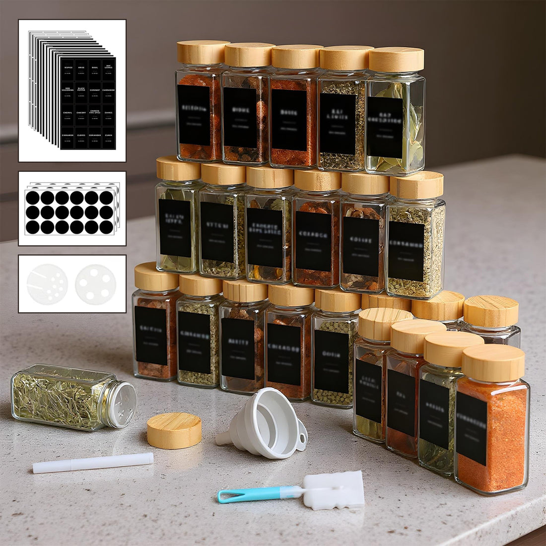 Set 24 Recipiente Condimente Elindor® din Sticla cu Capac din Bambus, cu Sita, Organizator Bucatarie, Organizatoare Sertar, Borcane 120 ml, 2 Tipuri de Etichete si Palnie din Silicon, Accesorii Depozitare, Transparente