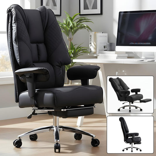 Scaun de Birou Elindor® Ergonomic, Design Contemporan, Scaun cu Spatar si Manere, din Piele PU cu Suport pentru Picioare si Roti, Latime Sezut 58 cm, Inaltime intre 48-56 cm, Negru