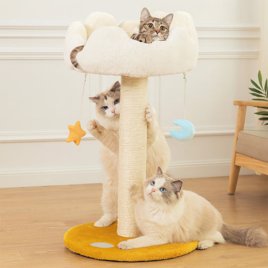 Ansamblu de Joaca Elindor® pentru Pisici, Post pentru Zgariat din Sisal, Stalp pentru Ascutit Gheare, Baza Solida, Pat Moale pentru Dormit, Accesorii Animale de Companie, Montare Usoare, 35 x 35 x 50 cm, Ab / Galben