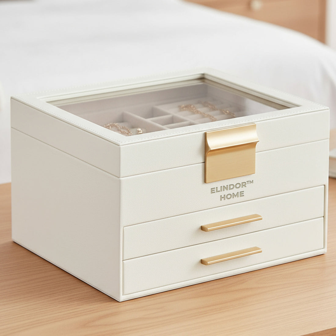 Cutie de Bijuterii Elindor® Organizator pe 3 Niveluri, Sertar x2, Spatiu de Depozitare pentru Inel, Verighete, Lantisoare, Bratari, Cercei, Caseta din Material Catifelat, Design Rafinat, Simplu si Elegant, Piele Ecologica si Catifea, 20 x 23 x 13.5 cm, Al