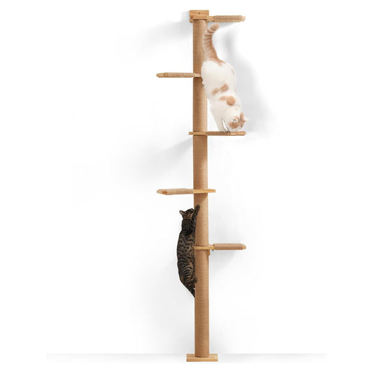 Ansamblu de Joaca Elindor® pentru Pisici, cu 5 Nivele, Post pentru Zgariat din Sisal, Stalp pentru Ascutit Gheare si Catarare, Baza din Lemn, Accesorii Animale de Companie, Montare Usoare, 19 x 16.5 x 206 cm, Bej / Maro