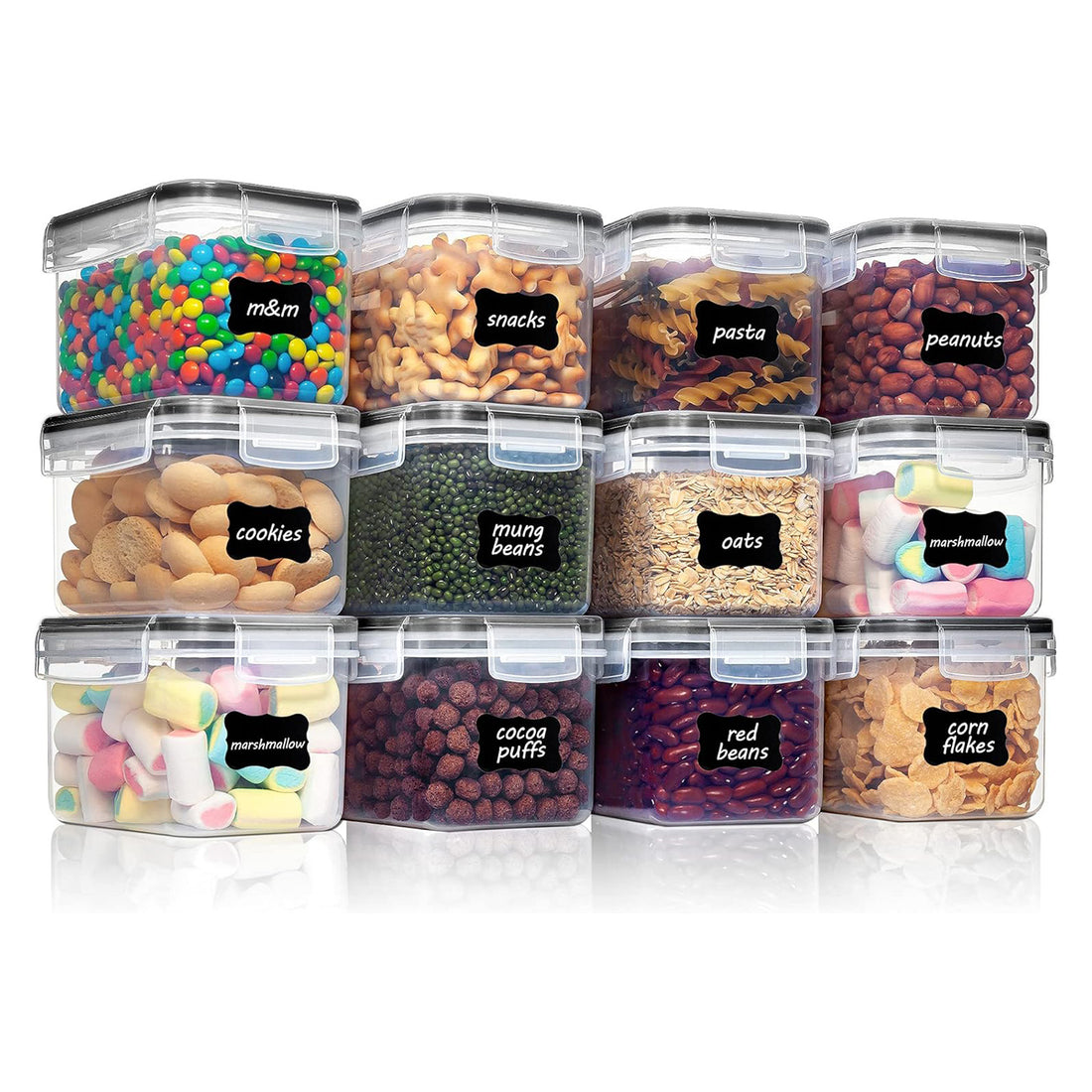 Set de 12 Caserole Elindor® Recipiente Ingrediente pentru Bucatarie, pentru Alimente Uscate, Recipient pentru Depozitare Cafea, Zahar, Paste, Cereale, Capac Etans, fara BPA, Potrivit pentru Congelator, Pix Alb Inclus si Etichete Negre, 9 x 10.5 x 15 cm, T