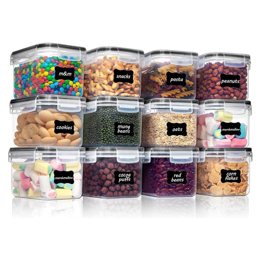 Set de 12 Caserole Elindor® Recipiente Ingrediente pentru Bucatarie, pentru Alimente Uscate, Recipient pentru Depozitare Cafea, Zahar, Paste, Cereale, Capac Etans, fara BPA, Potrivit pentru Congelator, Pix Alb Inclus si Etichete Negre, 9 x 10.5 x 15 cm, T