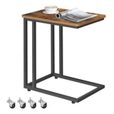 Masa de Cafea Laterala Elindor® in Forma de C, Design Industrial, Ideala pentru Living, Birou, Dormitor, Mobila mUltifunctionala, Moderna, Greutate Maxima Suportata 25 kg, Roti Detasabile Incluse, 50 x 35 x 60 cm, Maro / Negru