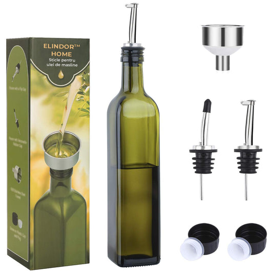 Oliviera Elindor® 500ml, Sticla Dozatoare Multifunctionala, Control Precis, pentru Gatit, Friteuza cu Aer, Salate, Material Sticla si Inox, Design Dual pentru Ulei si Otet, Verde Inchis