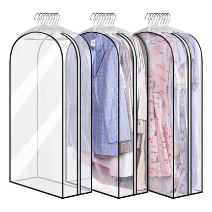 Set 3 Huse Depozitare Elindor® pentru Haine Dulap, Organizator pentru Dormitor Studentesc, Organizatoare Mari cu 8 Umerase, Organizare Multifunctionala, Separator Haine cu Fermoar Lateral, 100 x 60 x 25 cm, Transparent