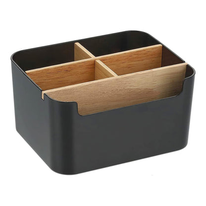 Cutie de Depozitare Elindor® din Bambus, cu 5 Compartimente Detasabile, Organizator de Birou, Potrivit si pentru Baie, Living, Bucatarie, pentru Creioane, Hartii, Rechizite, Pixuri, Suport Multufunctional, 18 x 14.8 x 10 cm, Negru