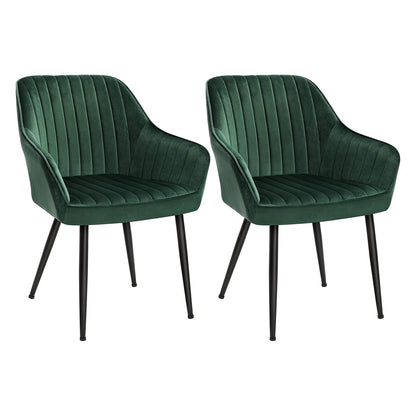 Set 2 Scaune Elindor® Ergonomice, Design Contemporan, Scaun cu Spatar si cu Manere, din Catifea cu Picioare Metalice Negre, Potrivite pentru Living, Bucatarie, Birou, Dormitor, Latime Sezut 49 cm, 55.5 x 43 x 83 cm, Verde Inchis