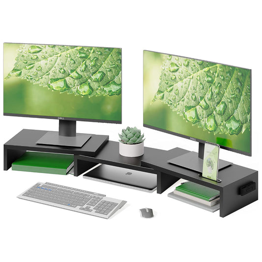 Suport din Lemn Elindor® pentru Doua Monitoare sau Laptop, Extensibil, Lungime Reglabila, Suport pentru Telefon, Antiderapant, Managementul Cablurilor, Birou cu Utilizare Multifunctionala, pe Masa, Ideala la Munca sau Acasa, Negru