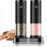 Set 2 Rasnite Electrice Elindor® Rasnita Electrica Led pentru Sare si Piper, Solnita si Pipernita din Sticla, Recipient Condimente cu Senzor Gravitational, Reglare Grosime Macinare x5, Operare cu o Mana, pentru Bucatarie, 16x7.5 cm, Transparent / Negru