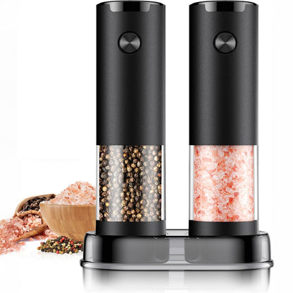 Set 2 Rasnite Electrice Elindor® Rasnita Electrica Led pentru Sare si Piper, Solnita si Pipernita din Sticla, Recipient Condimente cu Senzor Gravitational, Reglare Grosime Macinare x5, Operare cu o Mana, pentru Bucatarie, 16x7.5 cm, Transparent / Negru