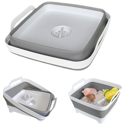 Lighean Pliabil Elindor® cu Dop de Scurgere, din Plastic Dur, Mare, Cos Rufe pentru Baie, Cadita pentru Animale de Companie, Ideal pentru Camping / Rulota, Baza Antialunecare, 30.5×31.5×20 cm, Gri / Alb