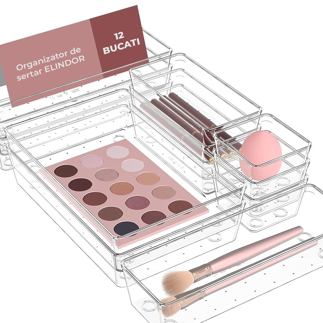 Set 12 Cutii Depozitare Elindor® Organizator pentru Bucatarie si Baie, 4 Marimi, Organizatoare Dulap si Sertare, Cutie pentru Sertar, Frigider, Camara, Baie, Bar, Birou, Cos Multifunctional, Separator Fructe, Legume, Creme, Parfumuri, Plastic Acrilic