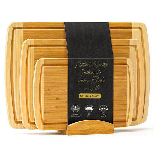 Set 3 Tocatoare Elindor® din Lemn Natural de Bambus, cu Suport Inclus, fara Maner, 3 Marimi Diferite, Ideal pentru Taierea si Servirea Legumelor, Fructelor, Branzeturilor sau Carnii
