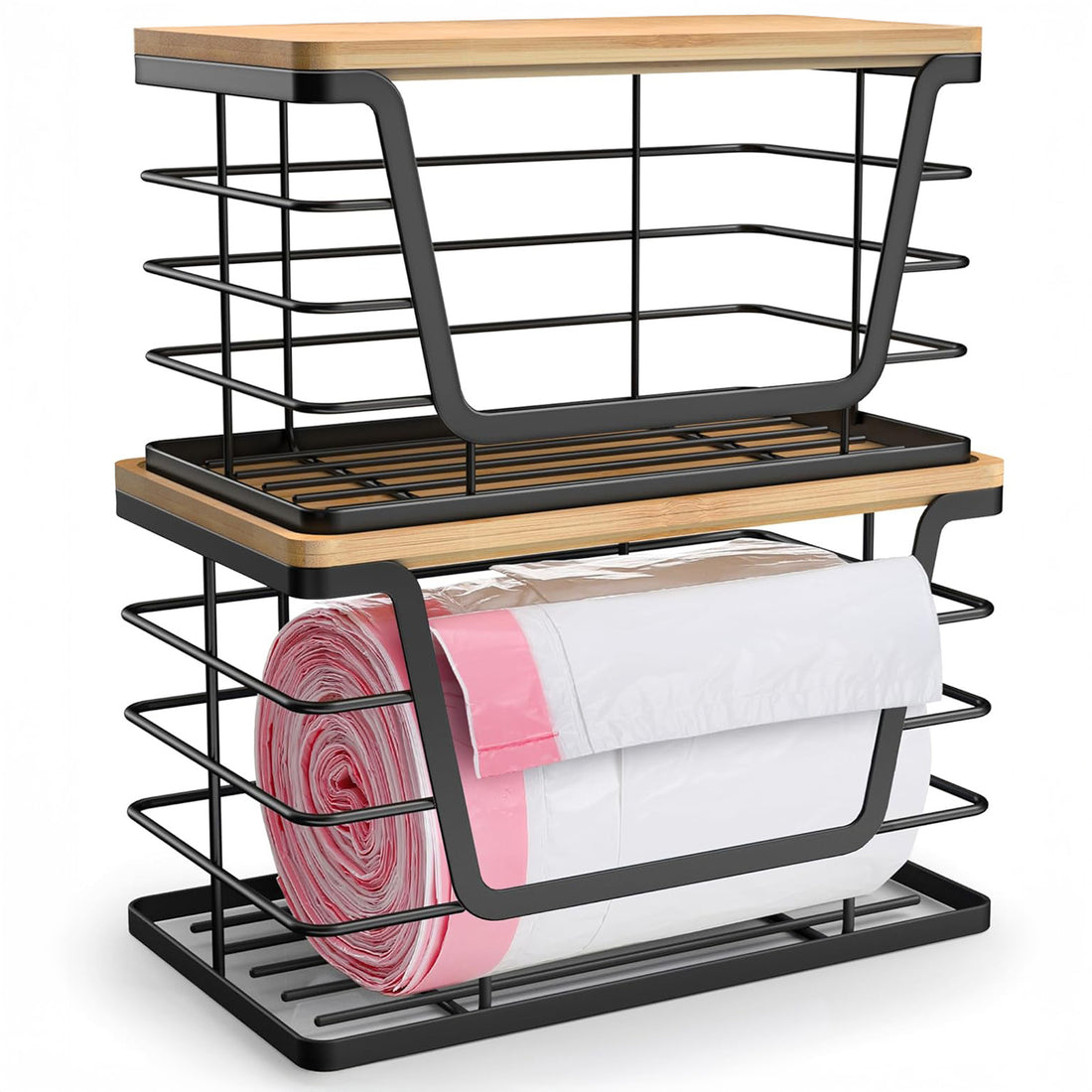 Set 2 Cosuri Depozitare Elindor® cu Capac, Organizator Metalic pentru Bucatarie si Baie, Organizatoare Stivuibile Dulap, Cutii pentru Camara, Baie, Bar, Birou, Cos Multifunctional, Separator Fructe, Legume, Parfumuri, Creme, Bambus