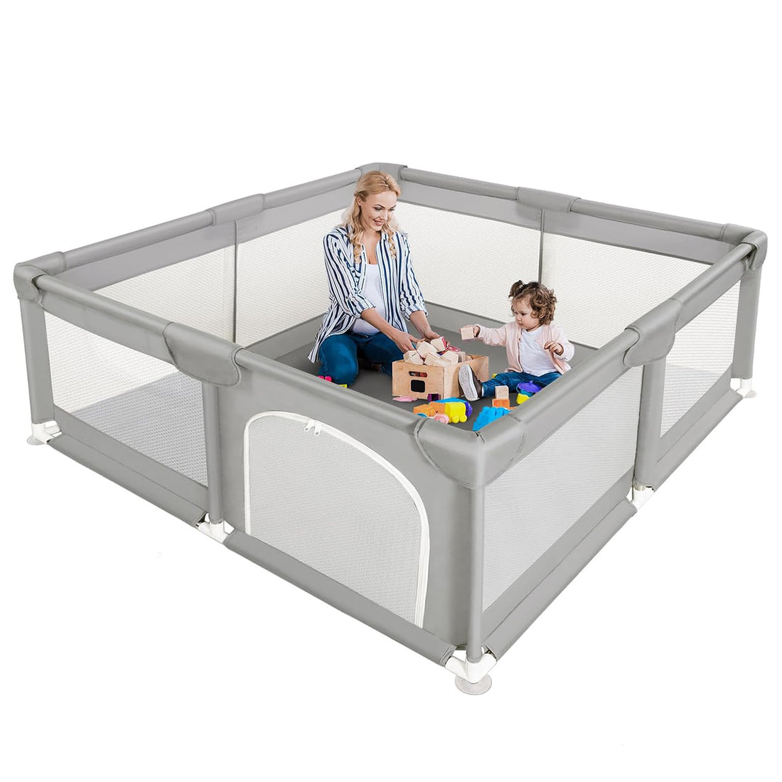 Tarc de Joaca pentru Bebelusi si Copii Elindor® cu Husa Groasa din Spuma, Spatiul Sigur de Joaca, Plasa de Protectie, Include Usa cu Fermoar, Materiale Eco-Friendly și Non-Toxice, Varsta 0-5 ani, 127 x 127 cm, Gri