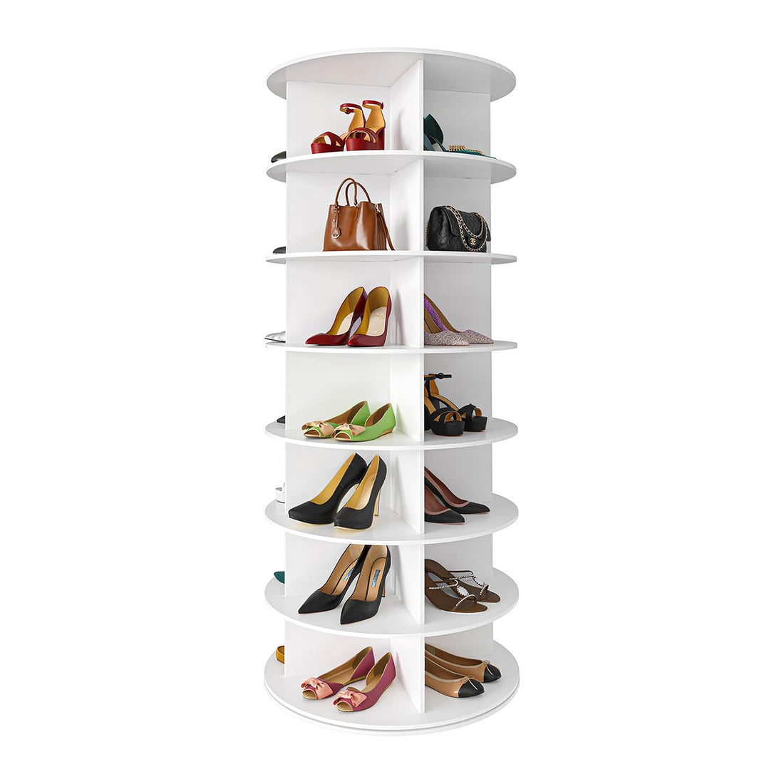 Organizator pentru Pantofi Elindor® Pantofar cu 4x 7 Nivele, Rotativ 360°, Suport pentru Papuci, Dulap Hol, Dormitor, Economisire Spatiu, Depozitare Incaltaminte, 59×59×160 cm, Alb
