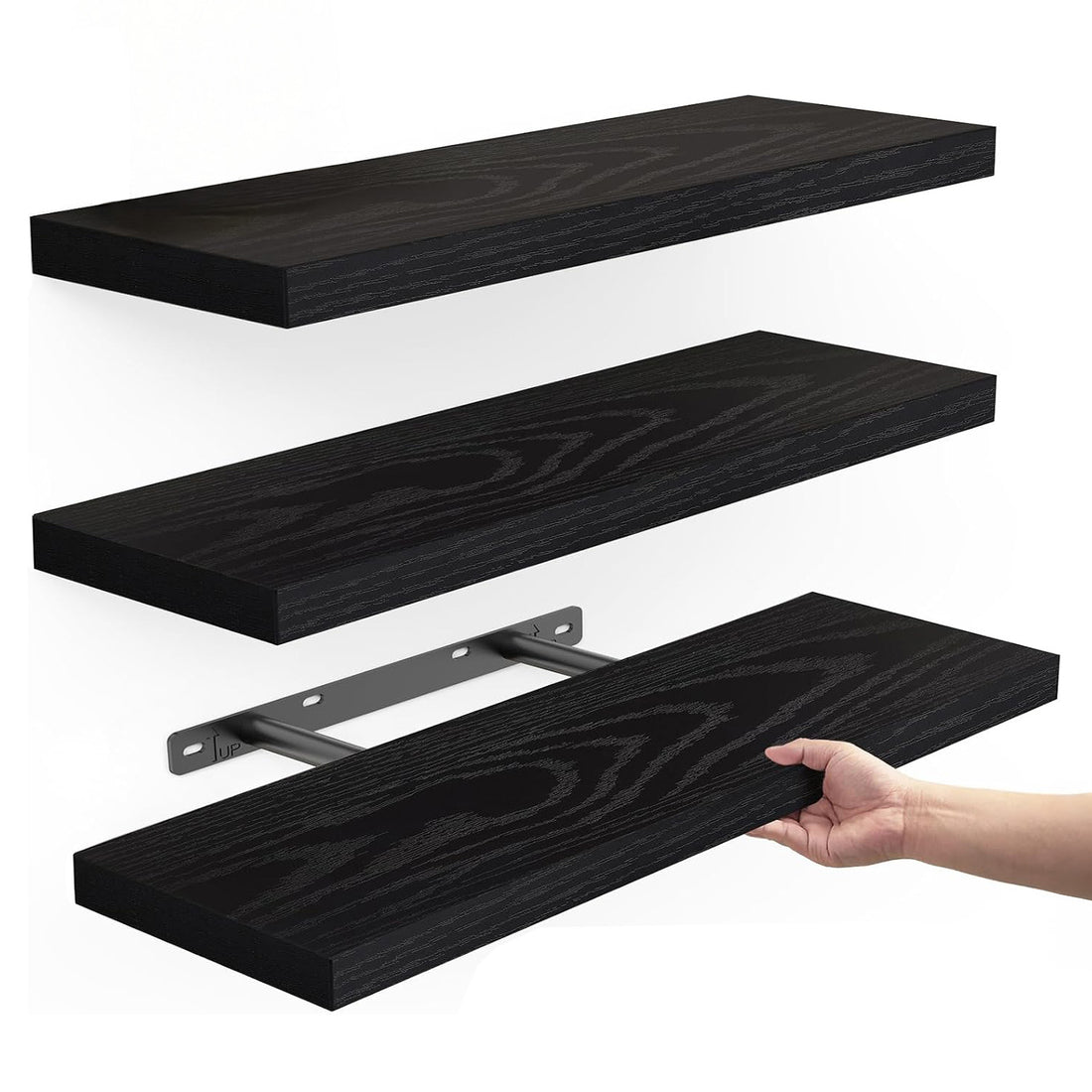 Set 3 Rafturi Elindor® Negre, Raft Suspendat de Depozitare, Mobila Bucatarie, Dormitor, Baie sau Birou, Etajera Practica cu Design Aerisit, Usor de Asamblat, Perfecta pentru Organizare Carti, Vesela, Condimente, Polita Produse Diverse, 40 x 17 x 1.5 cm