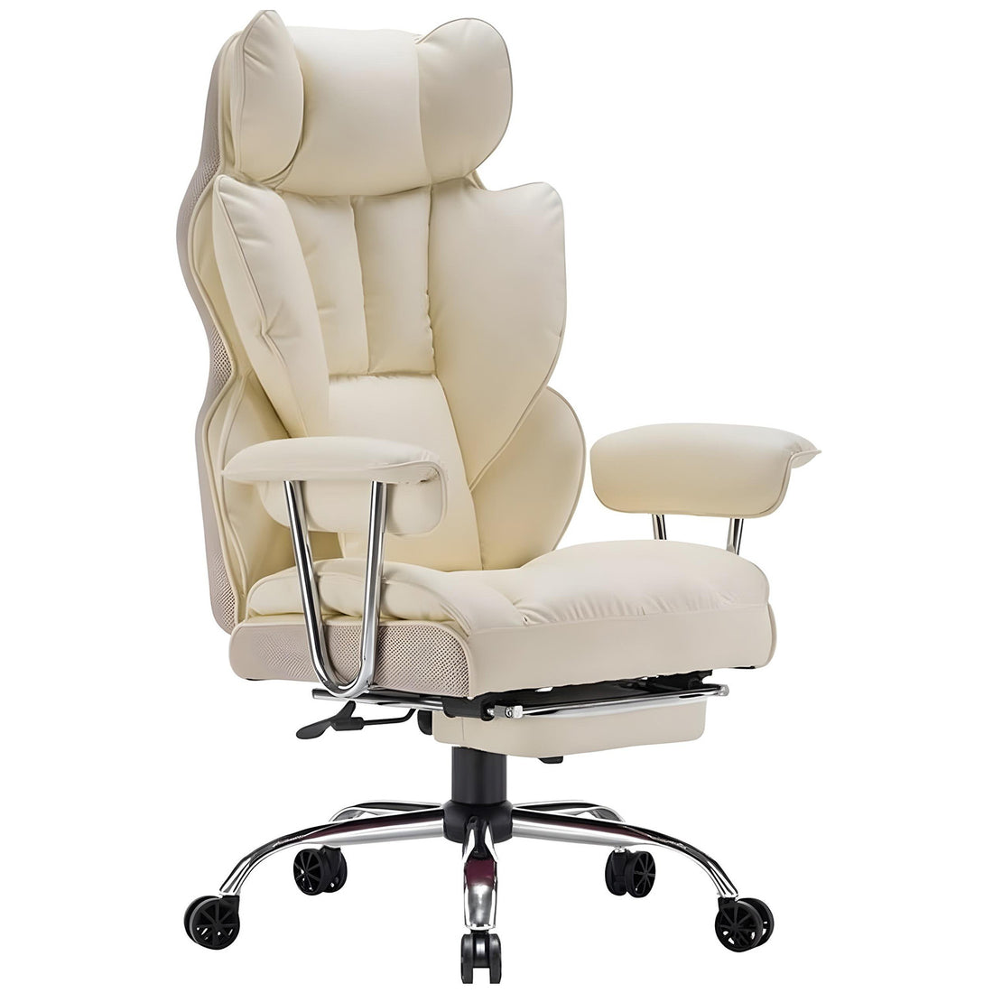 Scaun de Birou Elindor® Ergonomic, Design Contemporan, Scaun cu Spatar si Manere, din Piele PU cu Suport pentru Picioare si Lombar, cu Roti, 52 x 60 x 127 cm, Bej