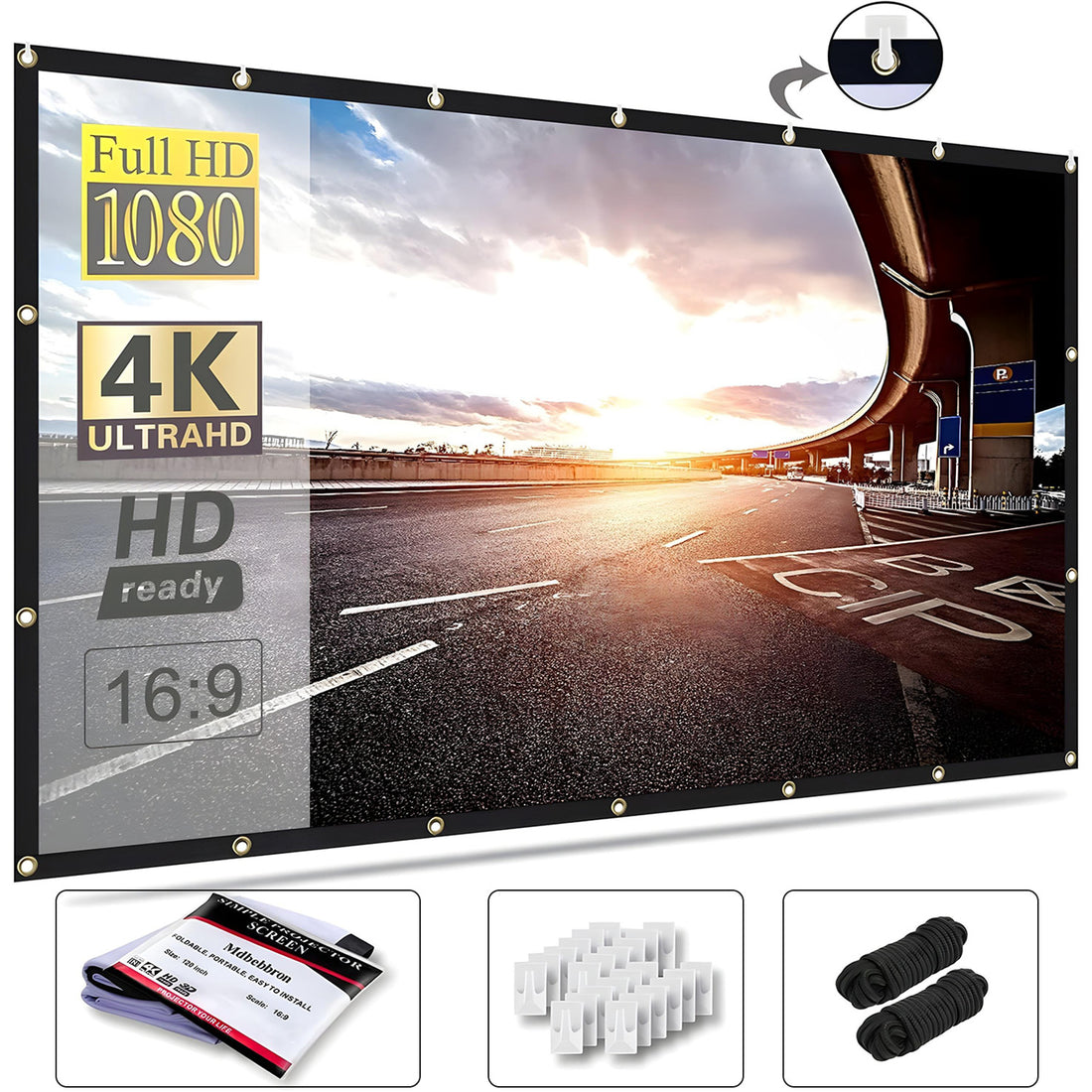 Ecran Proiector Elindor® Portabil, 120 Inch, Panza Proiectie 4K, Pliabil, Montaj Rapid Interior si Exterior, pe Perete, Ideal pentru Videoproiector, Cinema Acasa, Prezentari si Evenimente, Negru