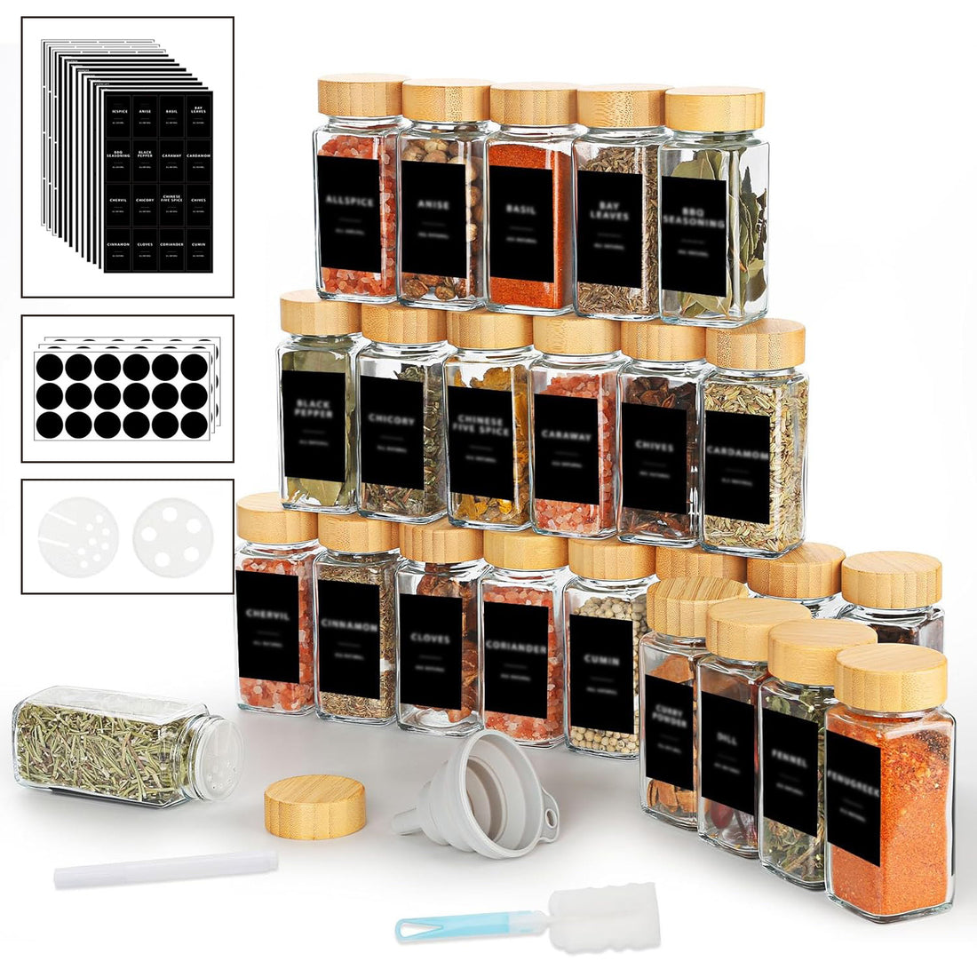 Set 24 Recipiente Condimente Elindor® din Sticla cu Capac din Bambus, cu Sita, Organizator Bucatarie, Organizatoare Sertar, Borcane 120 ml, 2 Tipuri de Etichete si Palnie din Silicon, Accesorii Depozitare, Transparente