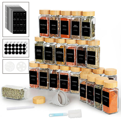 Set 24 Recipiente Condimente Elindor® din Sticla cu Capac din Bambus, cu Sita, Organizator Bucatarie, Organizatoare Sertar, Borcane 120 ml, 2 Tipuri de Etichete si Palnie din Silicon, Accesorii Depozitare, Transparente