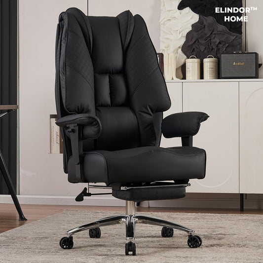 Scaun de Birou Elindor® Ergonomic, Design Contemporan, Scaun cu Spatar si Manere, din Piele PU cu Suport pentru Picioare si Roti, Latime Sezut 58 cm, Inaltime intre 48-56 cm, Negru