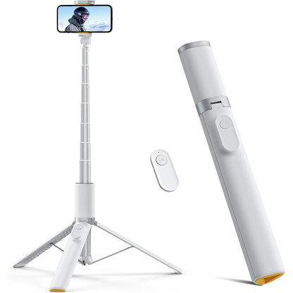 Trepied Foto Telescopic Profesional Elindor® Stativ Telefon 2-in1, cu Telecomanda Bluetooth si Functie Selfie Stick, Compatibil iPhone / Android, Tripod Universal, Suport Durabil si Usor, Unghi Ajustabil 180°, 32-159 cm, pentru Foto / Video, Alb