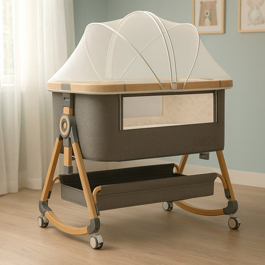 Patut Pliabil Bebelusi Elindo® 3 in 1, pentru Copii 0-36 luni, Leagan Bebe pe 2 Etaje, Cos Depozitare, 6 Trepte de Inaltime Reglabila, Portabil, Plasa Laterala, Plasa Anti-insecte, Roti cu Sistem Blocare, Saltea Integrata, Greutate Maxima 15 kg, Gri