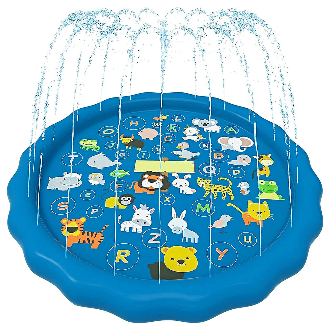 Piscina Gonflabila Elindor® 3-in1, cu Jeturi de Apa pentru Copii, Model Litere si Animale Salbatice, de Interior / Exterior, Distractie si Educatie, Jucarii Bebelusi si Copii, Instalare Rapida, Diametru 1 m, Bleumarin