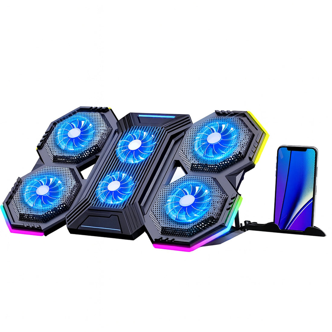 Cooler Laptop Gaming RGB Elindor® Suport cu Unghi Reglabil, Suport pentru Telefon, Dimensiuni Compatabile 12-17 Inch, 6 Ventilatoare Puternice si Silentioase 20dB, Viteza Ajustabila, 2 Porturi USB, pentru Birou, Calatorii, 40 x 27 x 3.6 cm, Negru