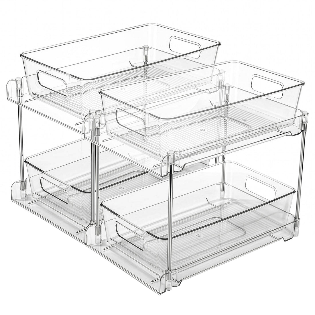 Set 2 Organizatoare Transparente Elindor® cu 2 Nivele, Recipient de Depozitare Multifunctional si Glisant, Organizator pentru Dulapul de sub Chiuveta din Baie si Bucatarie, 30 × 19 × 25.5 cm