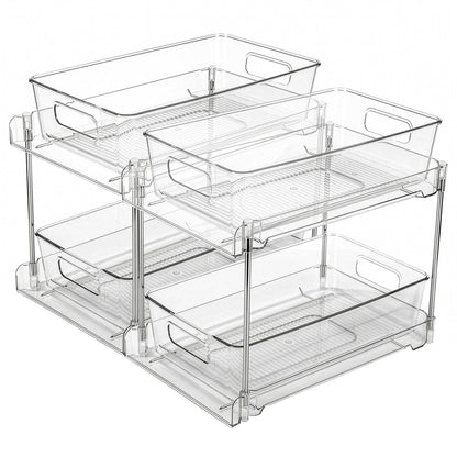 Set 2 Organizatoare Transparente Elindor® cu 2 Nivele, Recipient de Depozitare Multifunctional si Glisant, Organizator pentru Dulapul de sub Chiuveta din Baie si Bucatarie, 30 × 19 × 25.5 cm