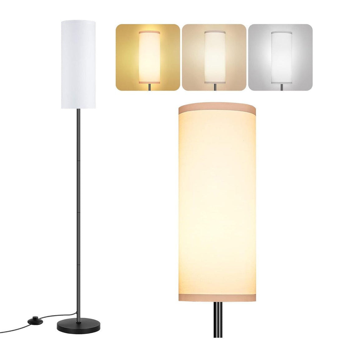 Lampa de Podea Elindor® Veioza cu Abajur Tesatura, Lumina Calda, Soclu Compatitbil E26, Structura Metalica, pentru Camera de Zi, Dormitor, Sufragerie, Birou, Hol, Picior 194 x Baza 22 cm, Alb