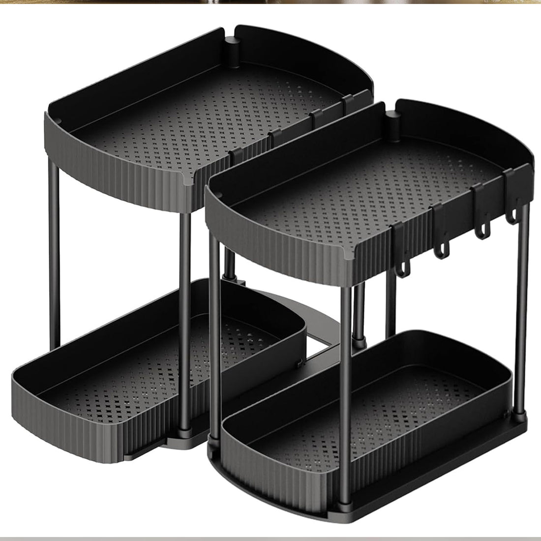 Set 2 Organizatoare Elindor® cu 2 Nivele, Recipient de Depozitare Multifunctional si Glisant, Organizator pentru Dulapul de sub Chiuveta din Baie si Bucatarie, 20.3 x 38 x 32.5 cm, Negru
