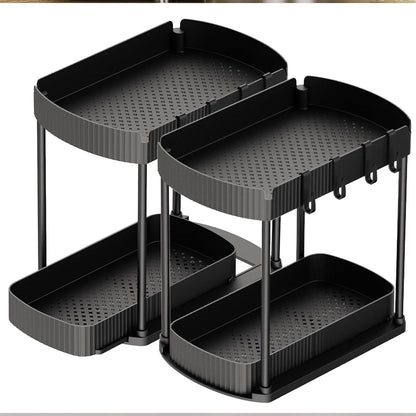 Set 2 Organizatoare Elindor® cu 2 Nivele, Recipient de Depozitare Multifunctional si Glisant, Organizator pentru Dulapul de sub Chiuveta din Baie si Bucatarie, 20.3 x 38 x 32.5 cm, Negru