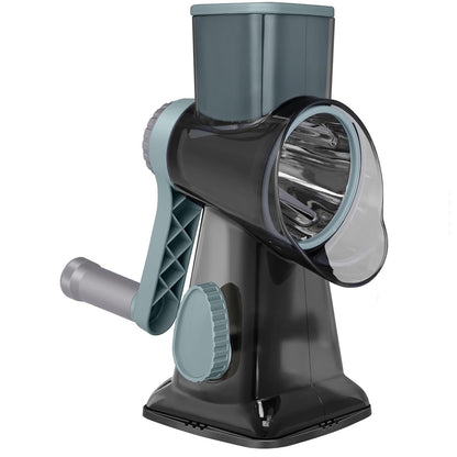 Rasnita Rotativa 3 in 1 Elindor® cu Maner, Razatoare Lame din Otel Inoxidabil, Tocator Legume, Cascaval, Razatoare Branza, Nuci, Morcovi, Varza, Ustensila de Bucatarie, Design Compact, Multifunctional, Gri