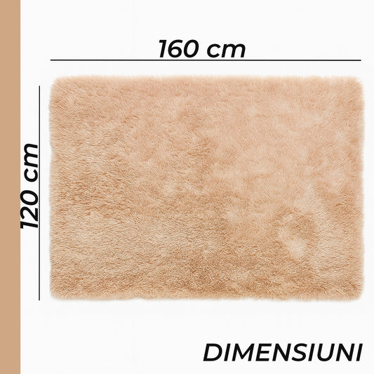 Covor Elindor® Antiderapant, Lavabil, Modern, Ideal pentru Living, Dormitor, Birou, Camera Copiilor, Covor cu Tesatura Lunga si Moale, Curatare Usoara, 120 x 160 cm, Bej