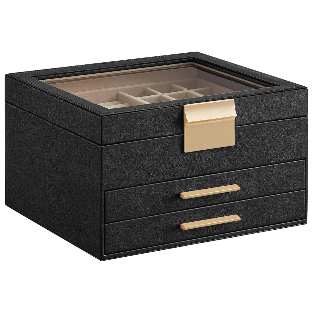 Cutie de Bijuterii Elindor® Organizator pe 3 Niveluri, Sertar x2, Spatiu de Depozitare pentru Inel, Verighete, Lantisoare, Bratari, Cercei, Caseta din Material Catifelat, Design Rafinat, Simplu si Elegant, Piele Ecologica Neagra, 20.3 x 23 x 13.5 cm