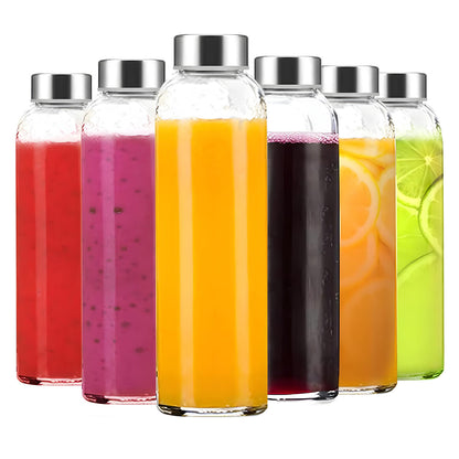Set 6 Sticle Elindor® cu Capace din Inox, Etanseitate 100%, Ideal pentru Apa, Suc, Smoothie, Ceai, Cafea, Potrivit pentru Frigider, Lavabil, din Sticla fara BPA, 22 x 6 cm, 530 ml, Transparent