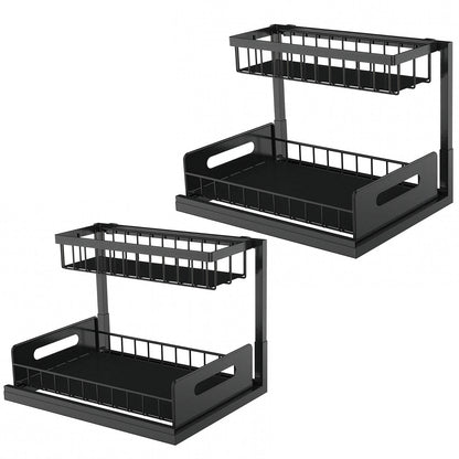 Organizator Multifunctional Elindor® 2 Nivele, pe Blat / in Dulap sub Chiuveta, Sertar Glisant, Suport Metalic Organizare, Ideal pentru Bucatarie, Baie, Camara, Bar, Raft cu Sertare Depozitare Legume, Fructe, Detergenti, Parfumuri, 36.2 x 27 x 28.5, Negru